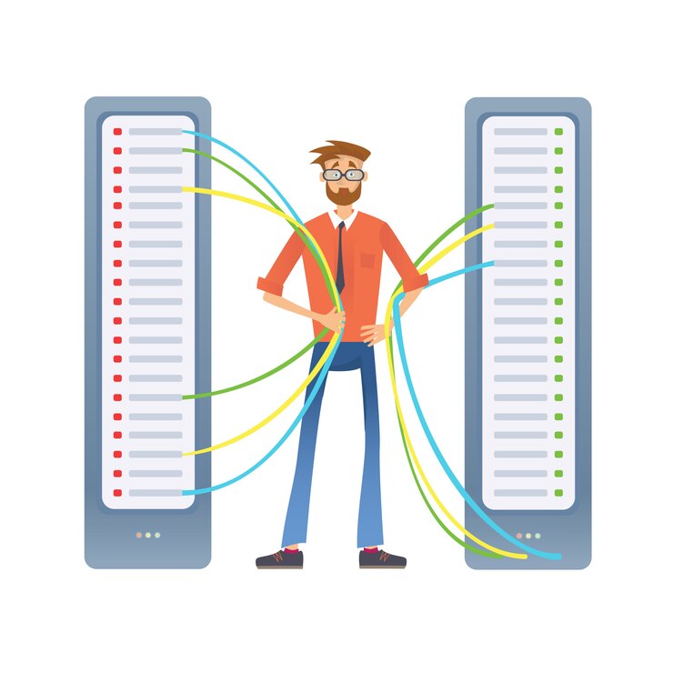 Vector un hombre que trabaja con un servidor informático o una granja de procesamiento. especialista técnico en el centro de datos. ilustración, en blanco.