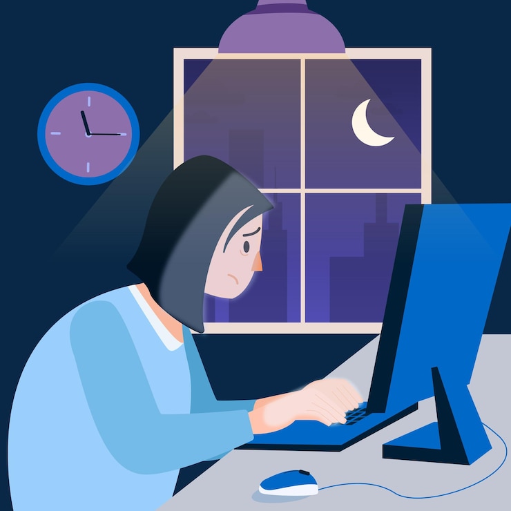 Vector hombre que trabaja hasta tarde en la noche trabajo independiente o de oficina ilustración vectorial