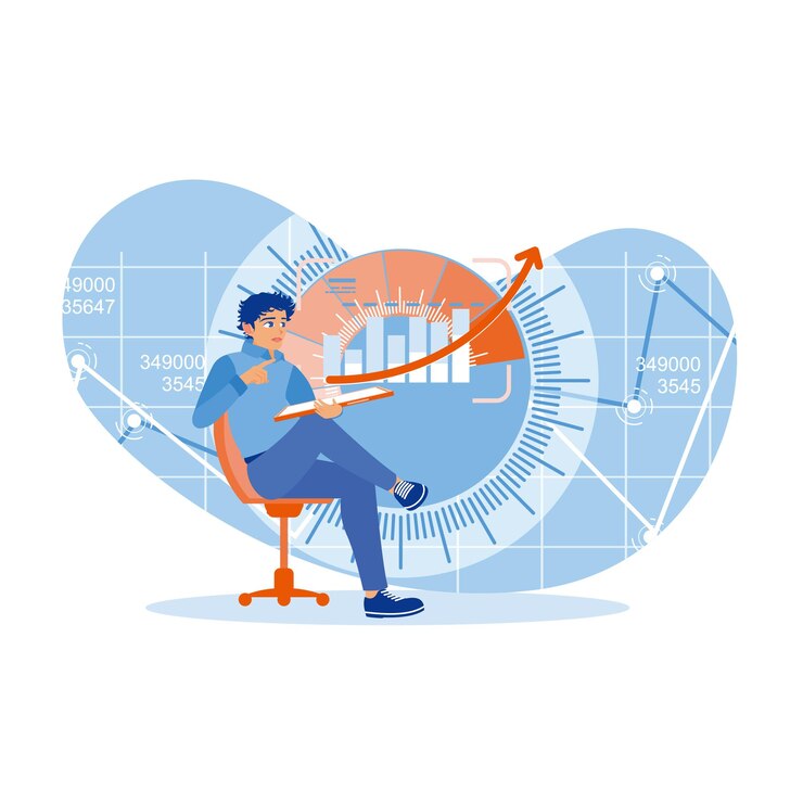 Vector hombre que trabaja usando una tableta digital analizando los riesgos comerciales y tomando decisiones concepto de instrumentos de análisis comercial ilustración vectorial plana