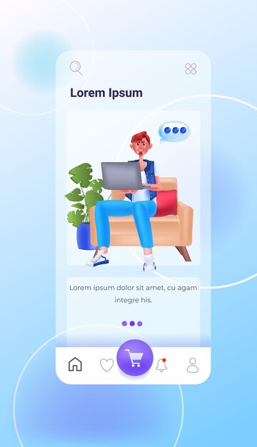 Hombre que usa la aplicación de mensajería en línea en la computadora portátil, la red de medios sociales, el concepto de comunicación en línea, el espacio de copia de longitud completa vertical ilustración vectorial