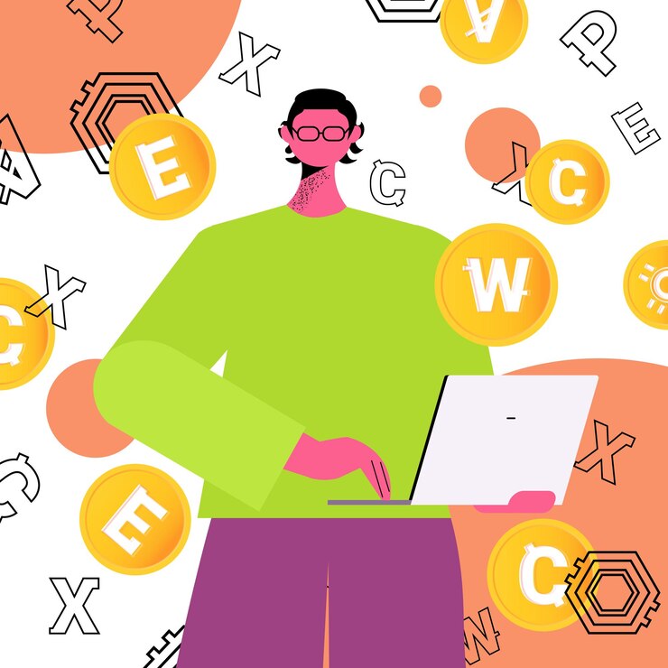 Vector hombre que usa la aplicación de minería de criptomonedas en una computadora portátil, aplicación de transferencia de dinero virtual, transacción bancaria, moneda digital