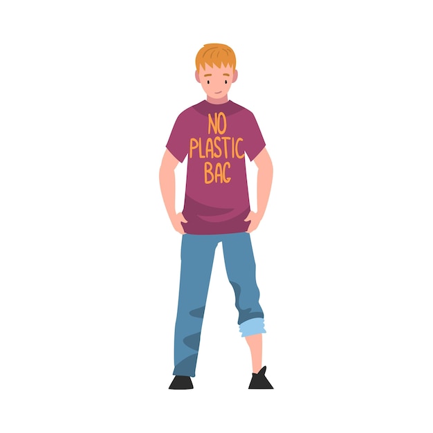 Vector hombre que usa una camiseta sin inscripción de bolsa de plástico hombre eco friendly caracter zero waste protección del medio ambiente concepto ilustración vectorial