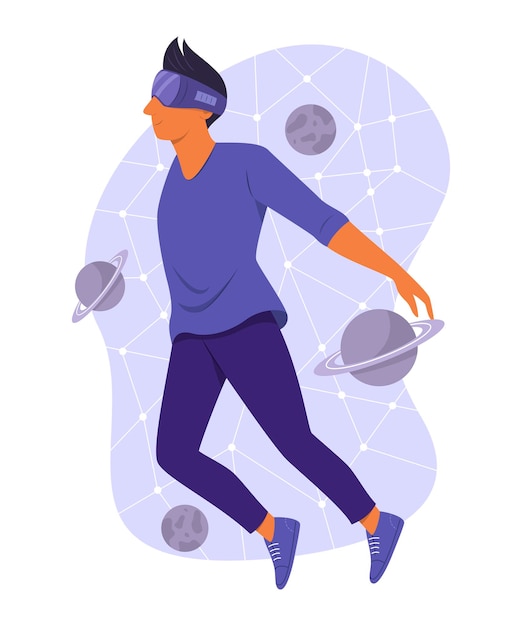 Hombre que usa gafas de realidad virtual para ver la simulación del cosmos