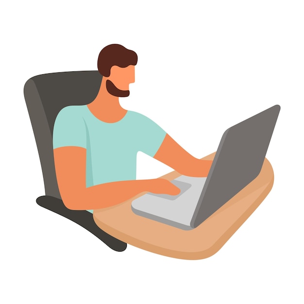 Hombre que usa la ilustración de vector de estilo plano de la computadora portátil