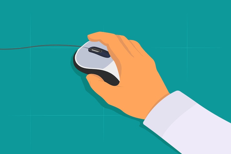 Vector hombre que usa el mouse de la computadora en el fondo de la tortuga, escena gráfica en movimiento