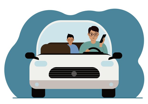 Vector hombre que usa un teléfono inteligente mientras conduce un automóvil. un hombre lleva a su hijo en un coche. peligro de conducción. ilustración plana vectorial