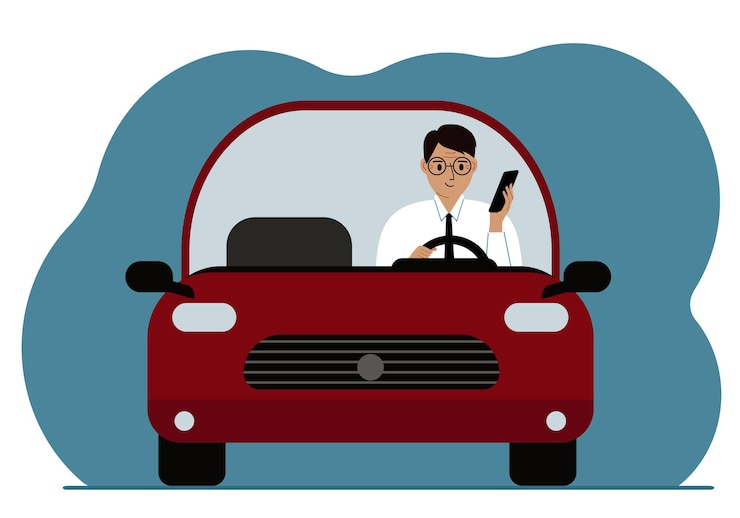 Vector hombre que usa un teléfono inteligente mientras conduce un automóvil. peligro de conducción. ilustración plana vectorial