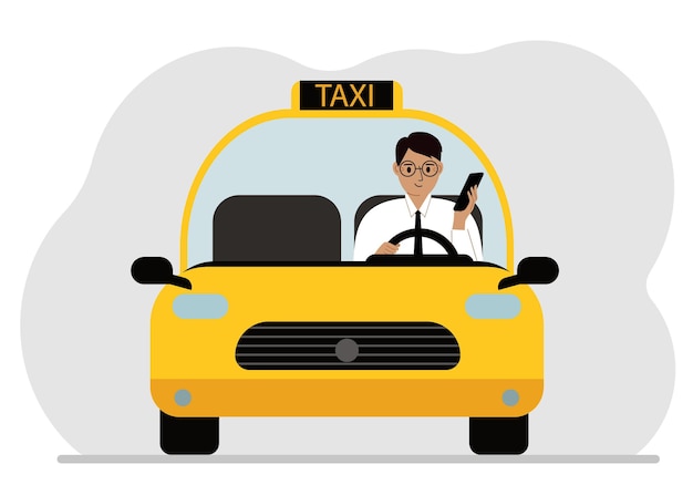 Vector hombre que usa un teléfono inteligente mientras conduce un taxi. peligro de conducción.