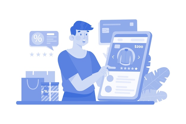 Hombre que utiliza la promoción de etiquetas para comprar en línea en el comercio móvil