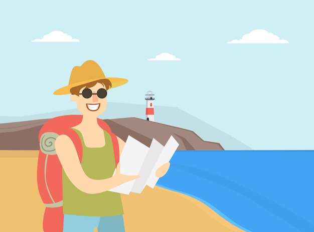 Vector hombre que viaja con mochila hombre que planea una ruta turística con mapa vacaciones de viaje y verano