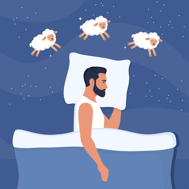 El hombre se queda dormido sueña y cuenta ovejas Insomnio y trastornos del sueño Hombre acostado en la cama