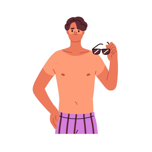 Hombre con quemaduras solares en la piel quemaduras de verano divertidas en el cuerpo después de tomar el sol sobreexposición al sol Persona con gafas de sol con manchas de quemaduras UV rojizas Ilustración vectorial gráfica plana aislada sobre fondo blanco
