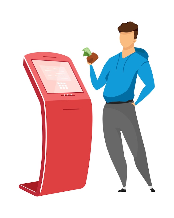 Vector hombre en el quiosco de autoservicio de carácter vectorial de color semiplano