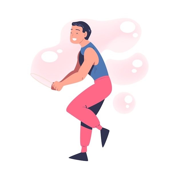 Hombre realizando un espectáculo de burbujas de jabón haciendo una ilustración vectorial de esfera líquida