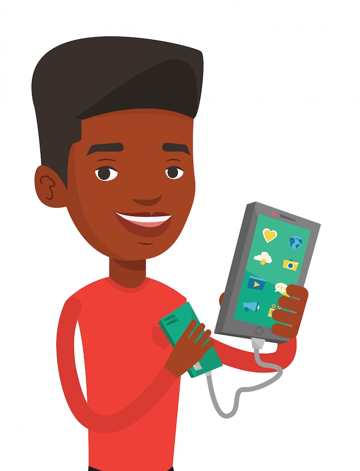 Vector hombre recarga smartphone de batería portátil.