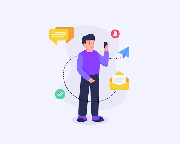 El hombre recibe notificaciones en redes sociales y tecnología con estilo plano