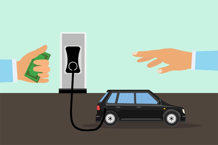 Vector hombre recibiendo combustible en su automóvil y dando dinero vector de concepto tomando combustible en el automóvil en una estación de servicio con dinero en la mano concepto de carga de automóvil eléctrico con dos manos humanas transfiriendo dinero vector