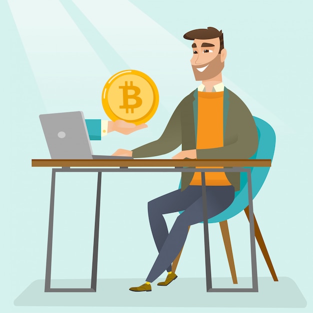 Hombre recibiendo monedas bitcoin del comercio de bitcoins.