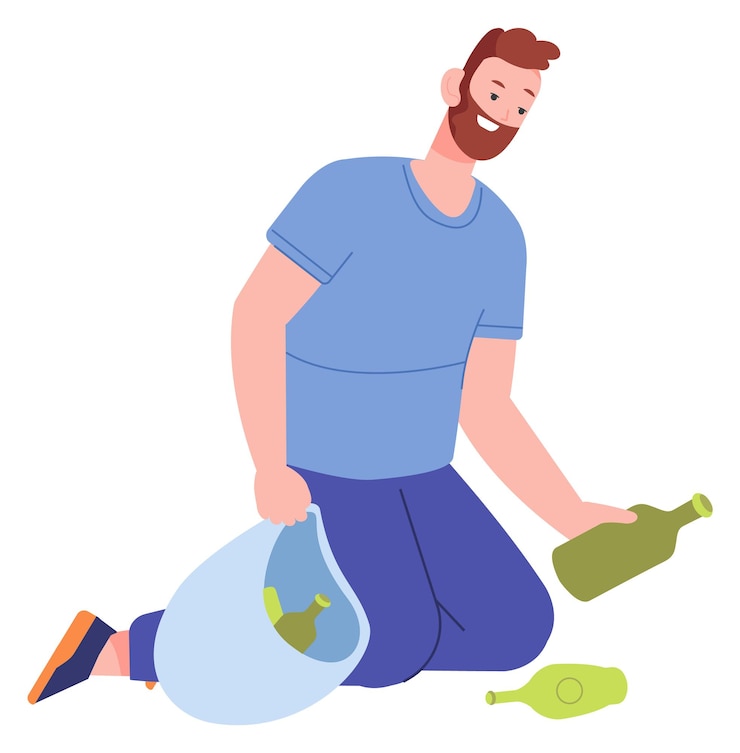 Vector hombre recogiendo residuos de vidrio para reciclar limpieza de basura