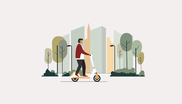 El hombre recorre la ciudad en un scooter eléctrico El concepto de ecología rápida