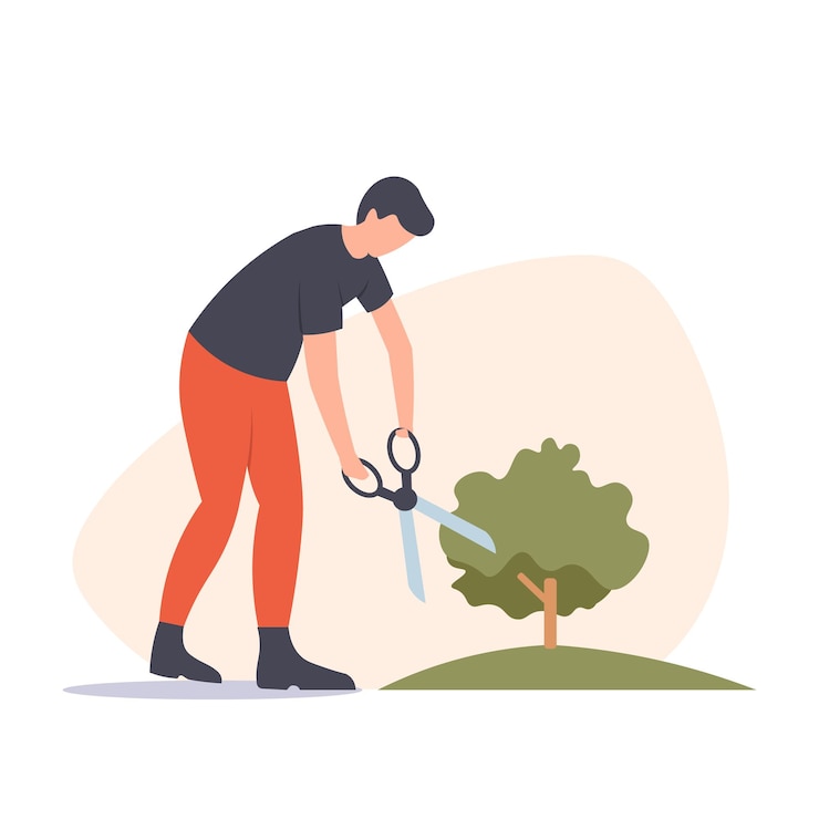 Vector hombre recortando un árbol con tijeras en un jardín ilustración vectorial