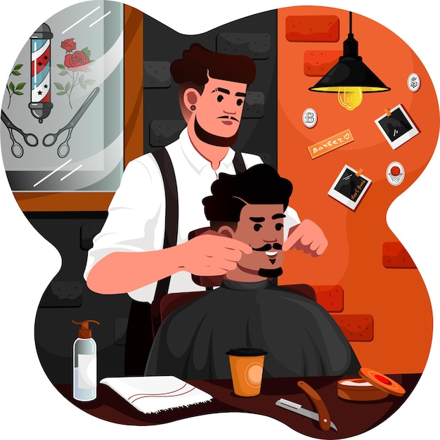 Vector un hombre recortándose la barba en la barbería.