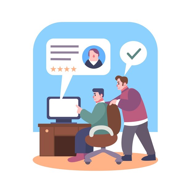 Hombre de recursos humanos sentado en la mesa con computadora y buscando nuevos empleados en el sitio web en línea Contratación gerente ocupación Gestión de recursos humanos Vector ilustración plana en colores azules