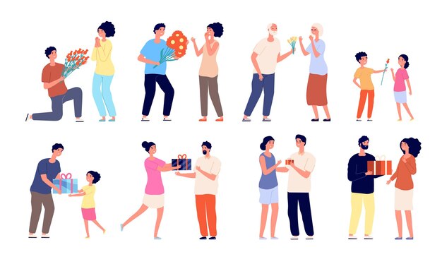 Hombre regalando flores. Ramo de pareja, mujer feliz recibe regalo. Ancianos jóvenes con día de San Valentín o regalo de cumpleaños, ilustración vectorial romántica. Pareja de personas saliendo, feliz relación sorprendida
