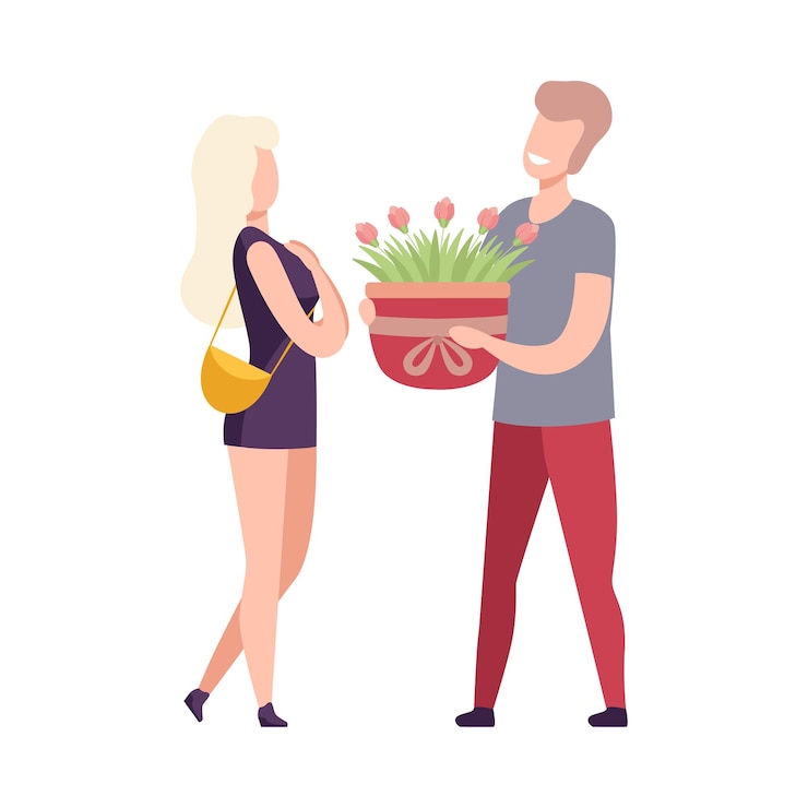 Vector hombre regalando una olla con flores en flor a una hermosa mujer joven pareja romántica enamorada en una cita felicitación de vacaciones ilustración vectorial plana