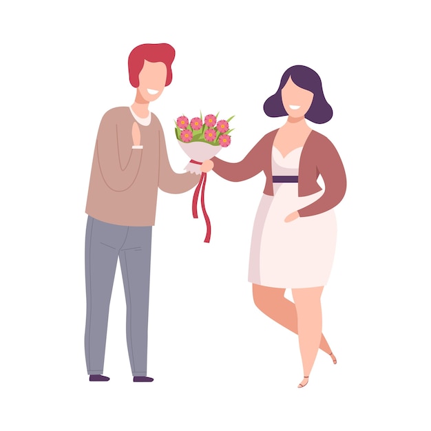 Hombre regalando un ramo de flores a una mujer pareja romántica enamorada en una cita felicitación de vacaciones ilustración vectorial plana