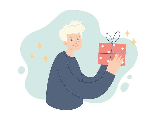 Hombre con regalo de Navidad Concepto de invierno festivo Ilustración vectorial de estilo simple