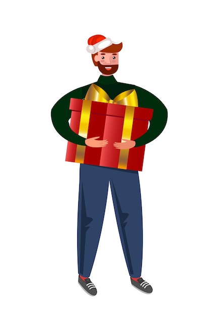 Hombre con regalo de Navidad rojo y sombrero de Papá Noel Gran personaje para la celebración familiar de la fiesta de Año Nuevo