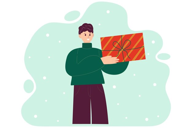 Hombre con regalos de Navidad Concepto festivo de invierno Ilustración vectorial en estilo simple