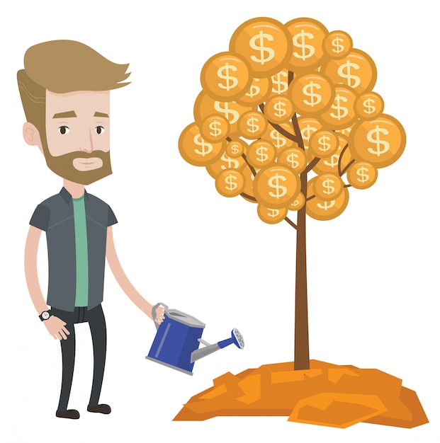 Hombre regando el árbol del dinero.