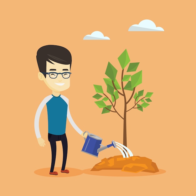 Hombre regando el árbol.