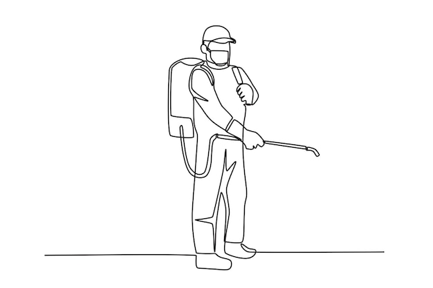 Hombre regando plantas con pesticidas Concepto de control de plagas dibujo en línea