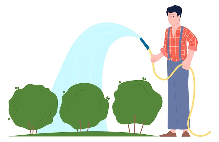 Vector hombre regando plantas verdes con manguera carácter jardinero aislado sobre fondo blanco.