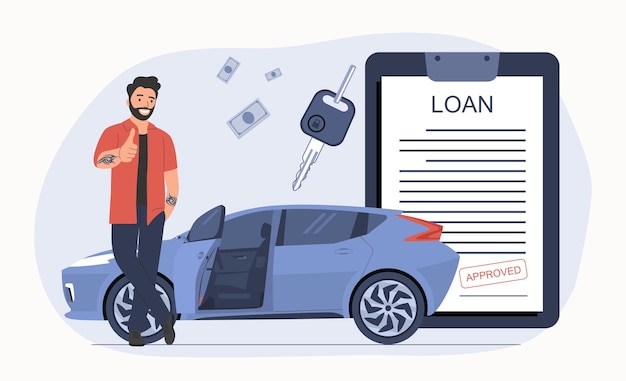Un hombre se regocija con la aprobación de un préstamo de automóvil Ilustración vectorial