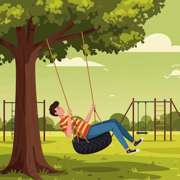 Un hombre relajándose en un columpio de neumáticos bajo un árbol en una ilustración del parque