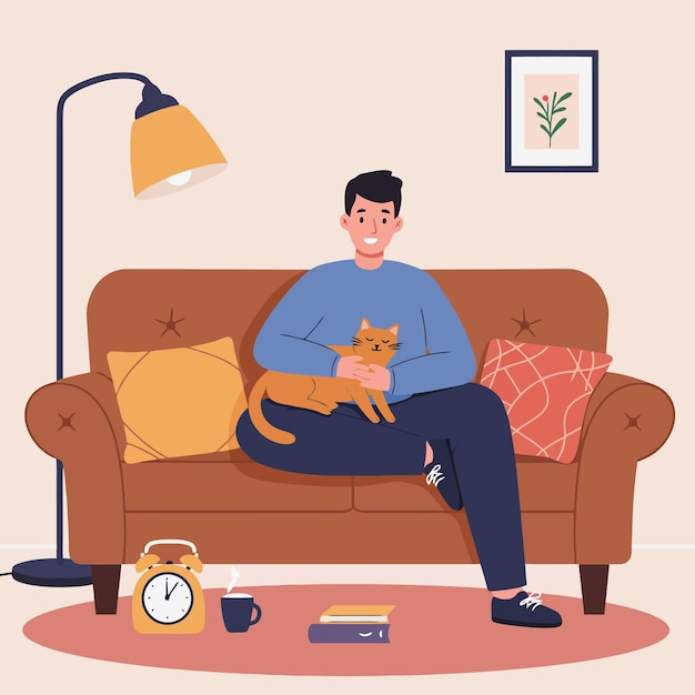 Hombre relajándose en el sofá con su mascota en casa