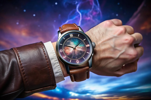 Hombre con reloj de muñeca de lujo con cuero