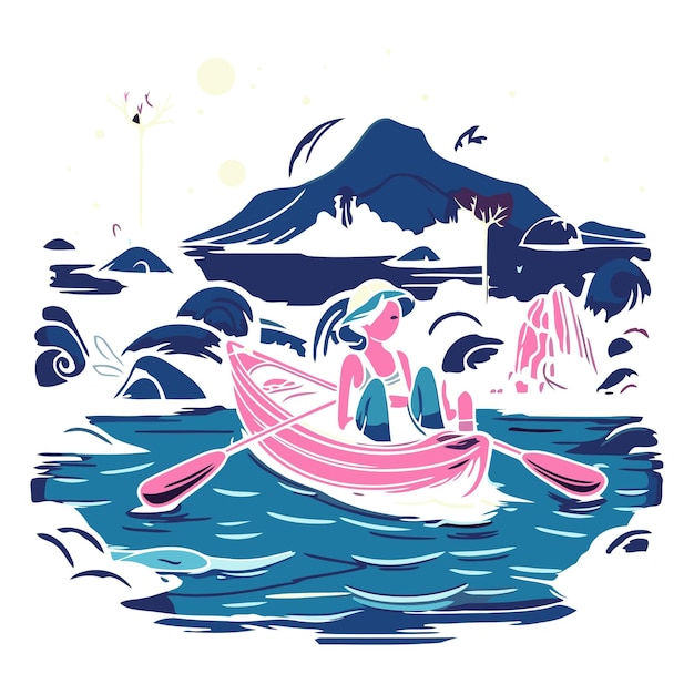 Vector hombre remando un barco en el lago en estilo de dibujos animados