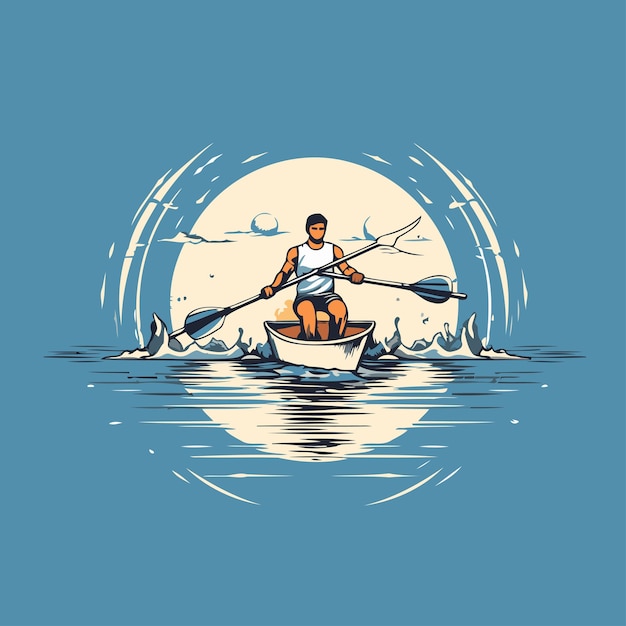 Hombre remando en un barco en el mar Ilustración vectorial