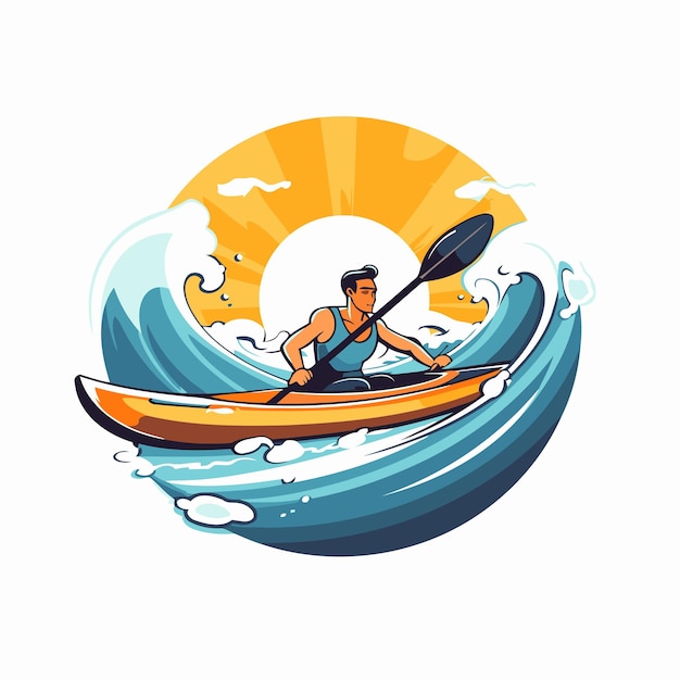 Hombre remando en un kayak Ilustración vectorial sobre fondo blanco