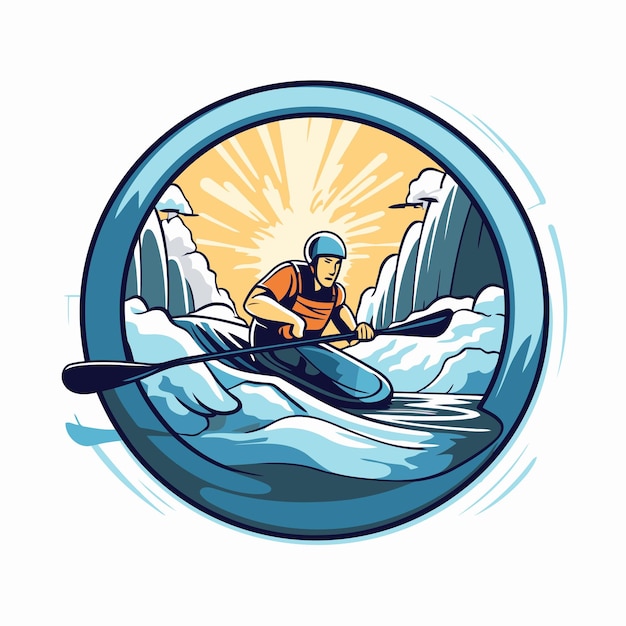 Hombre remando en un kayak en las montañas Ilustración vectorial