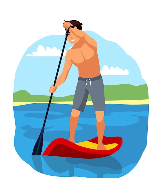 Hombre remando para surfear deporte extremo aventura Chico en el agua en tabla de surf en verano Recreación arriesgada al aire libre y ejercicio estilo de vida saludable en la naturaleza