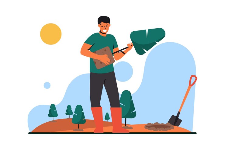 Vector un hombre replanta árboles en un bosque deforestado