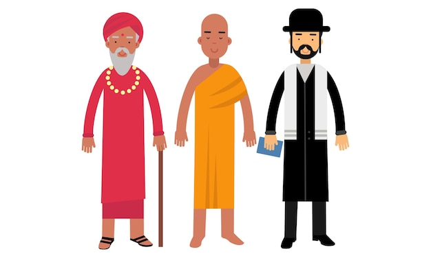 Hombre Representantes de diferentes religiones como el budismo el hinduismo y el judaísmo Conjunto de ilustraciones vectoriales