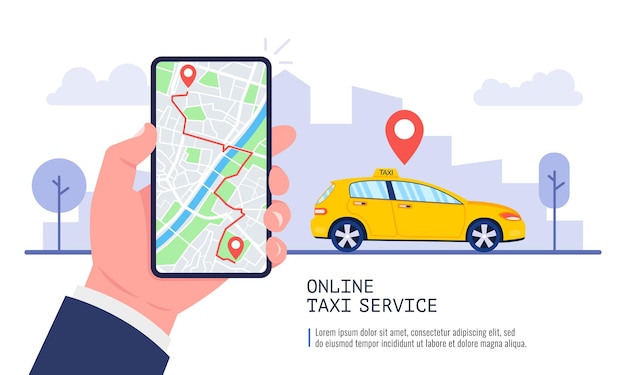 Hombre reservando un coche en smartphone con mapa. Aplicación de taxi en la pantalla. Concepto de servicio de taxi
