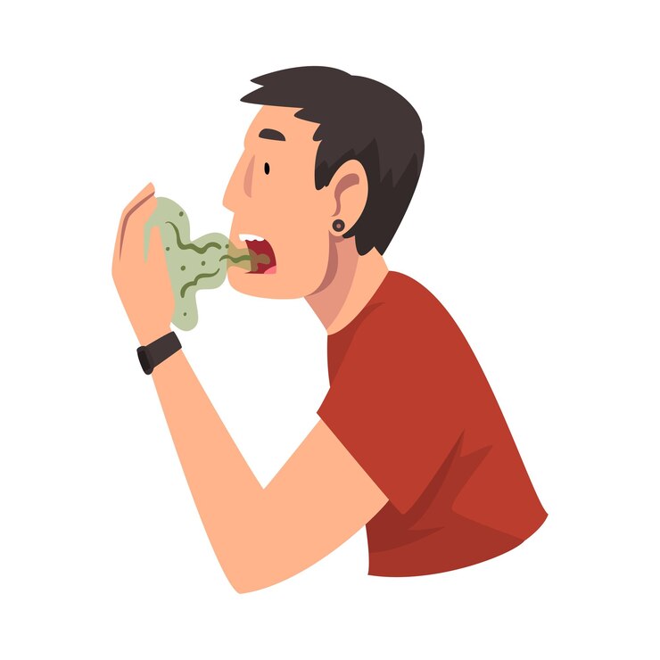 Vector hombre respirando a su mano para comprobar y oler su aliento ilustración vectorial de mal olor